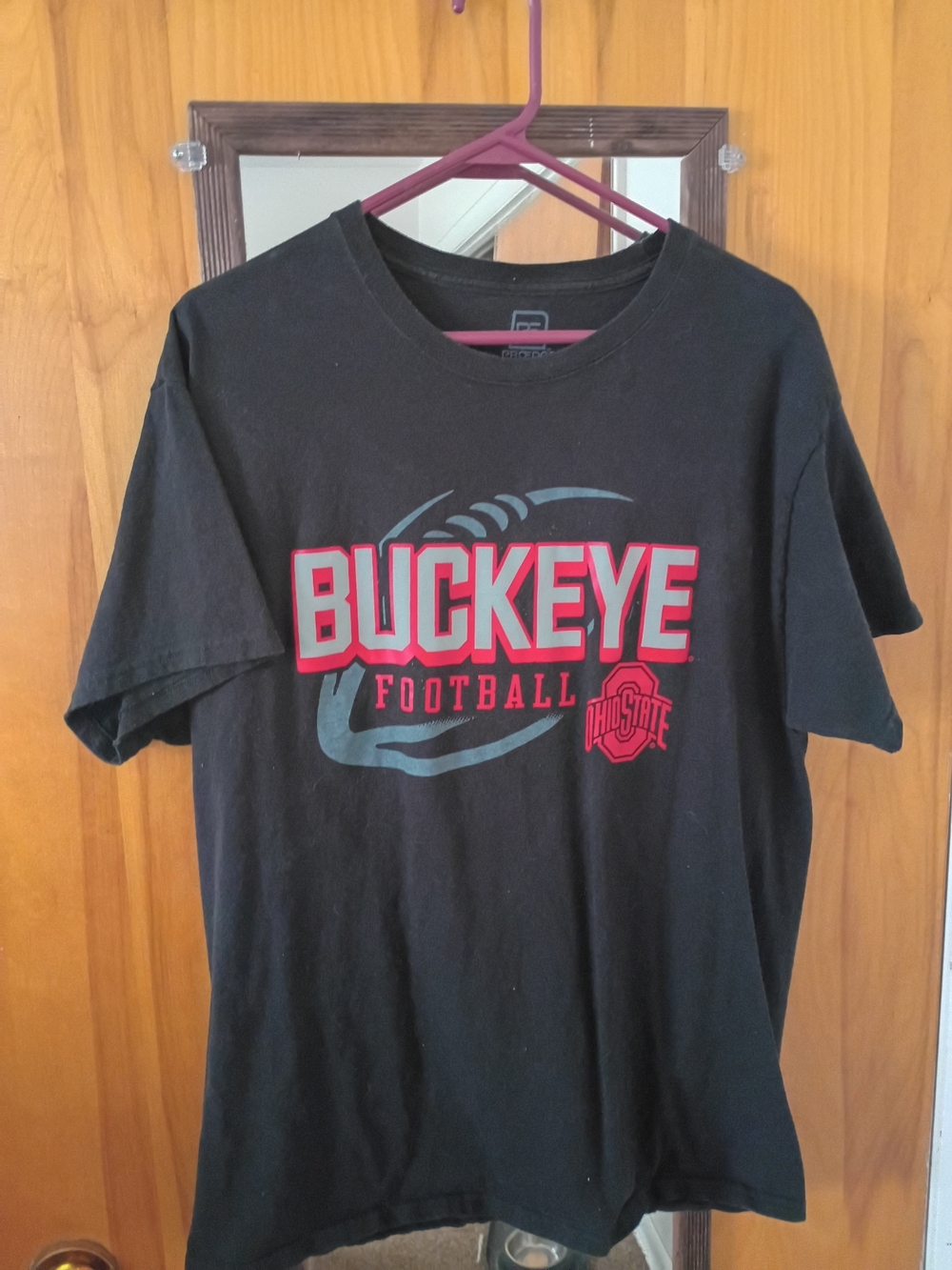 Pro Edge Black Buckeye Football Graphic Tee with Red and Gray Print